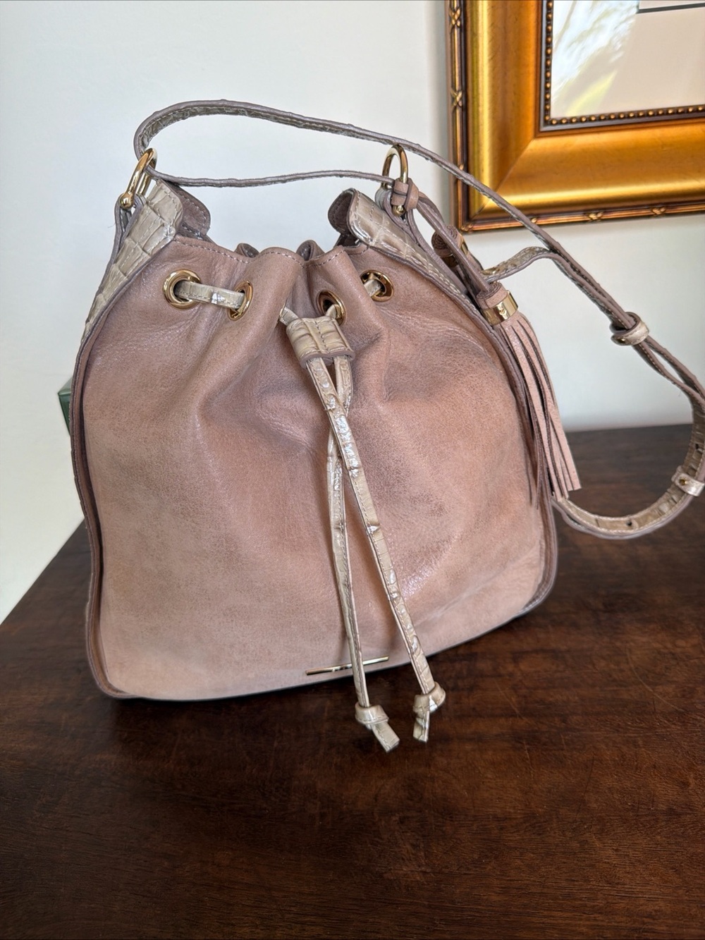 Brahmin Blush Taupe Drawstring Hobo Bucket Bag alligator embossed Tassel